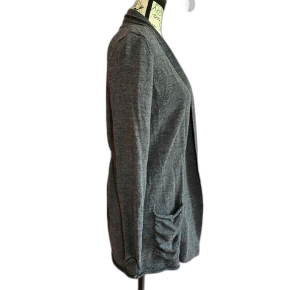 100% Merino wool grey long-sleeved open front cardigan sweater classic prep S - Picture 2 of 8